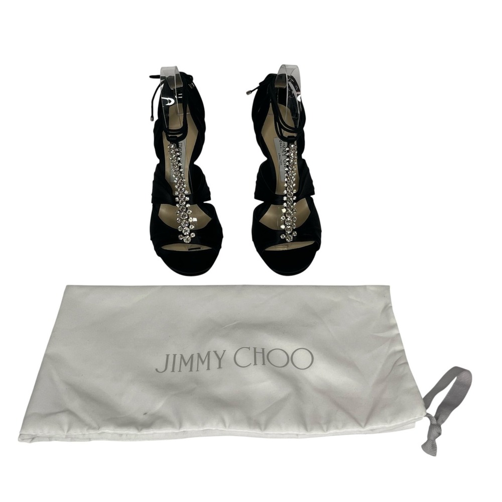 Jimmy Choo Kenny 100 Black Suede Crystal T Strap Sandals IT 38.5 US 8.5